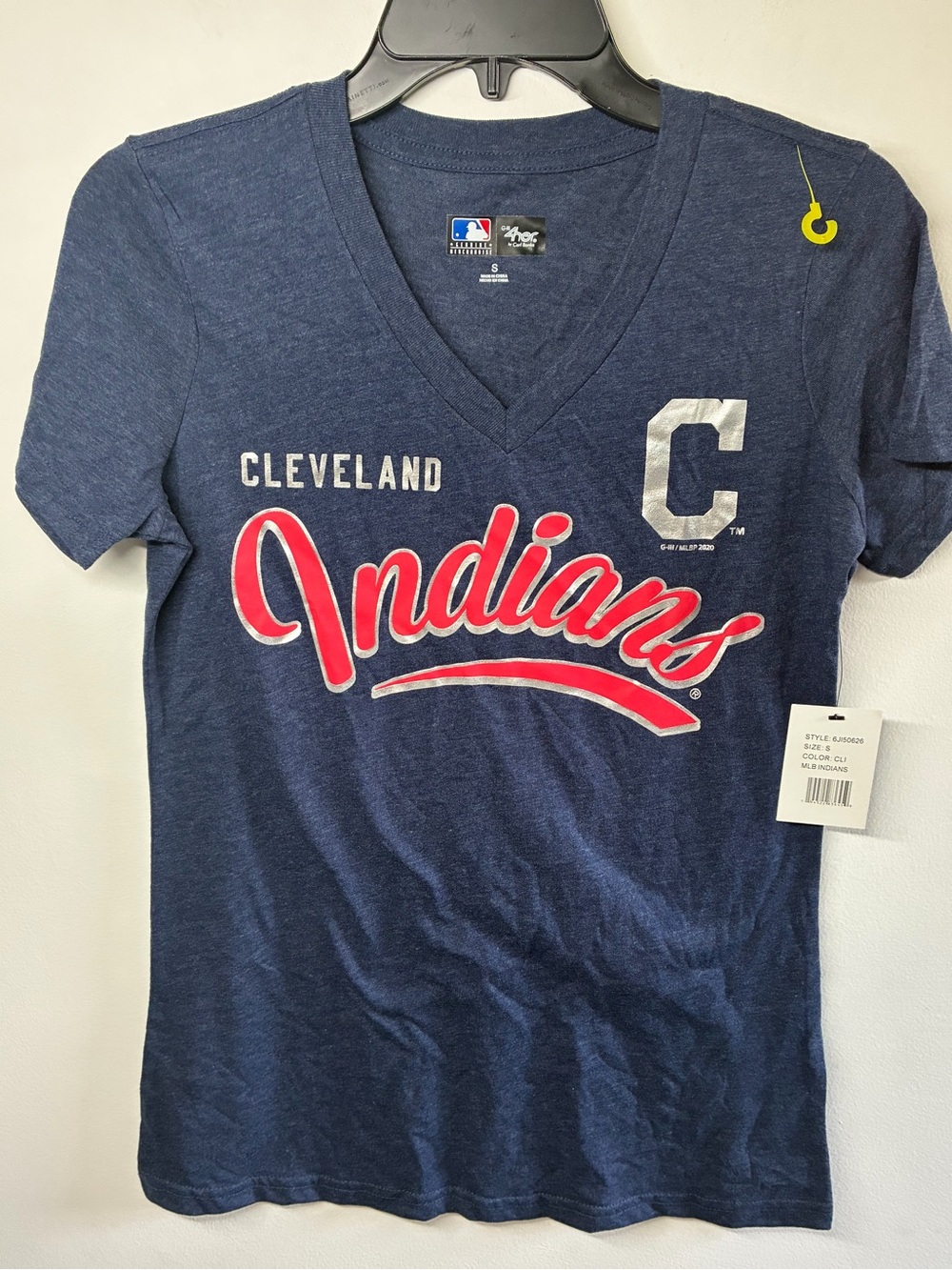 MLB Cleveland Indians Navy and Red Script V-Neck Tee